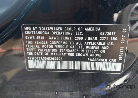 2017 Volkswagen Passat 1.8T R-Line z USA, uszkodzony, nr VIN 1VWDT7A30HC063908